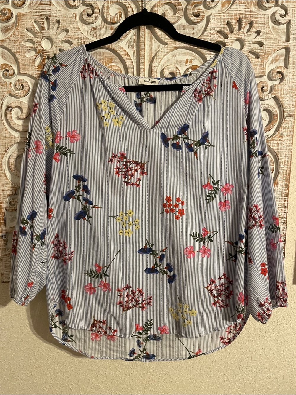 Tribal Blue & White Striped Floral Peasant Blouse